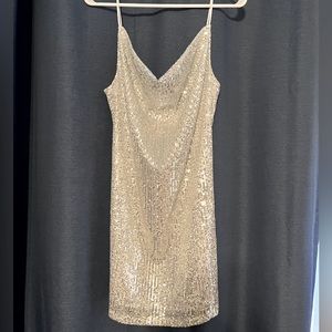 Silver sequin mini dress cowl neckline size medium spaghetti straps
